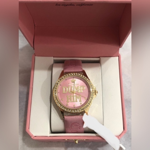 Juicy couture pink gold cz pave crystal bezel ‘Dump Him’ monogram wristwatch new main image 16
